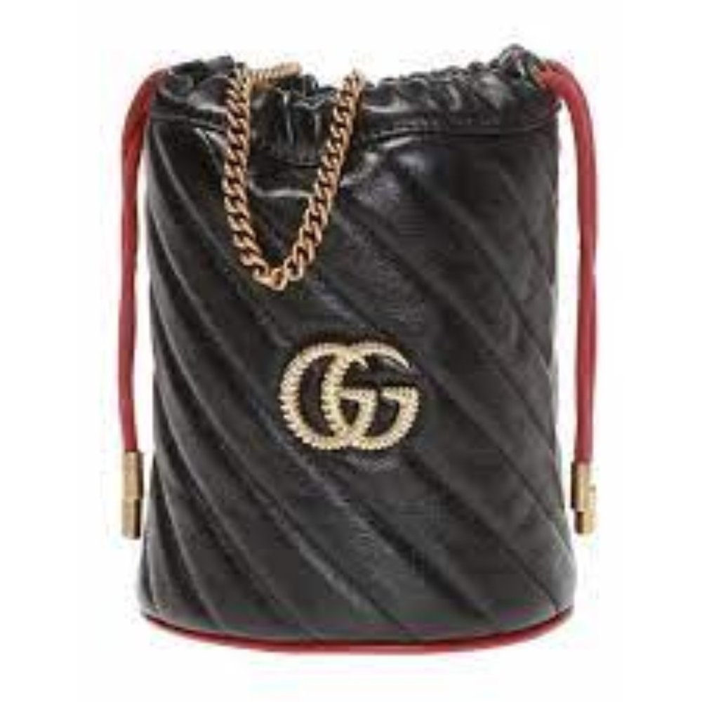 Stunning and rare! Gucci GG Marmont Bucket Bag in Black with Red Trim NEW
